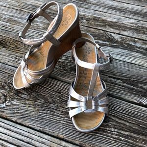 Silver wedge sandals with 4” wood heel